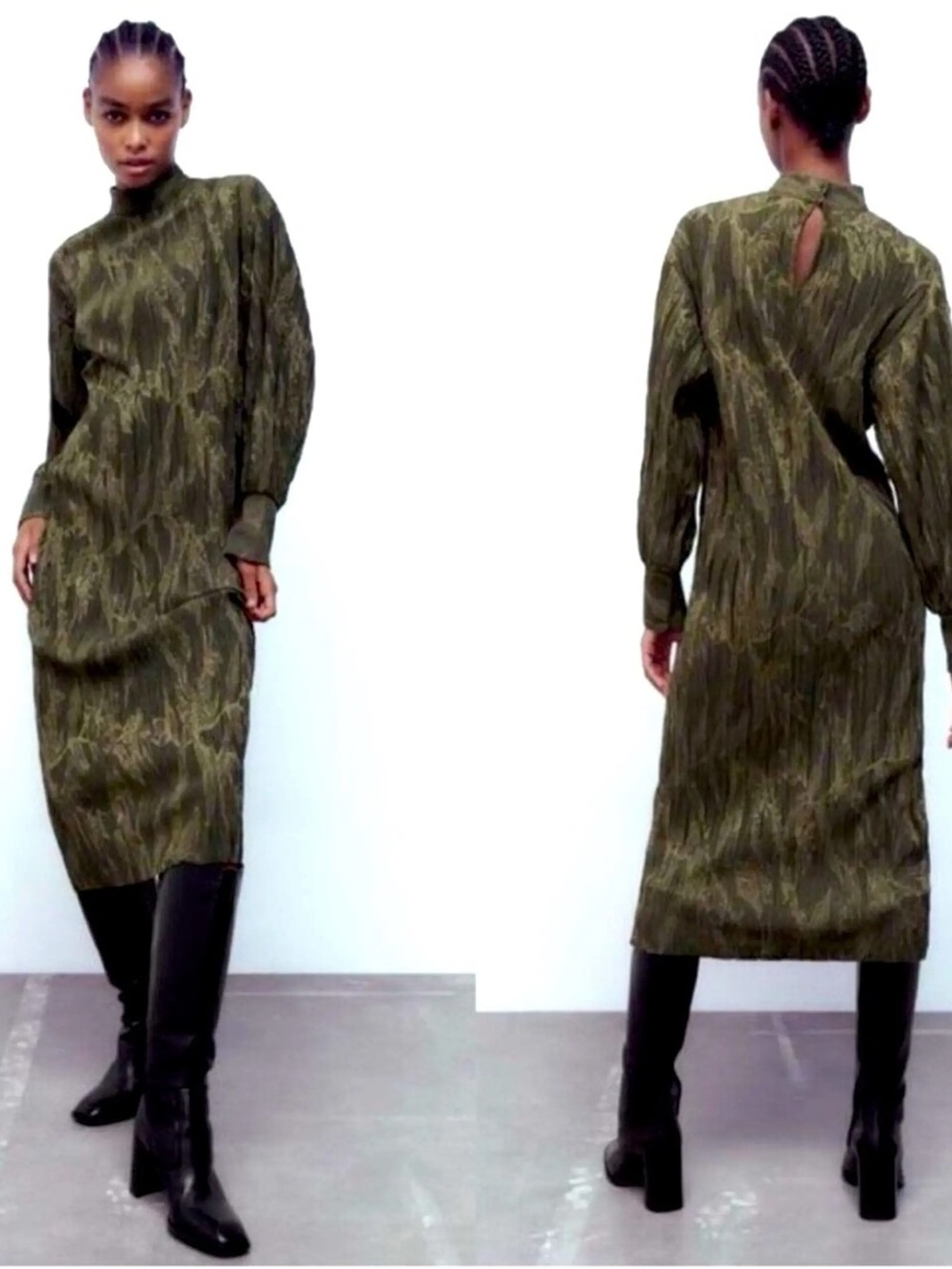 ZARA Green Jacquard Long Sleeve High Neck MIDI Creased Contemporary Dress
